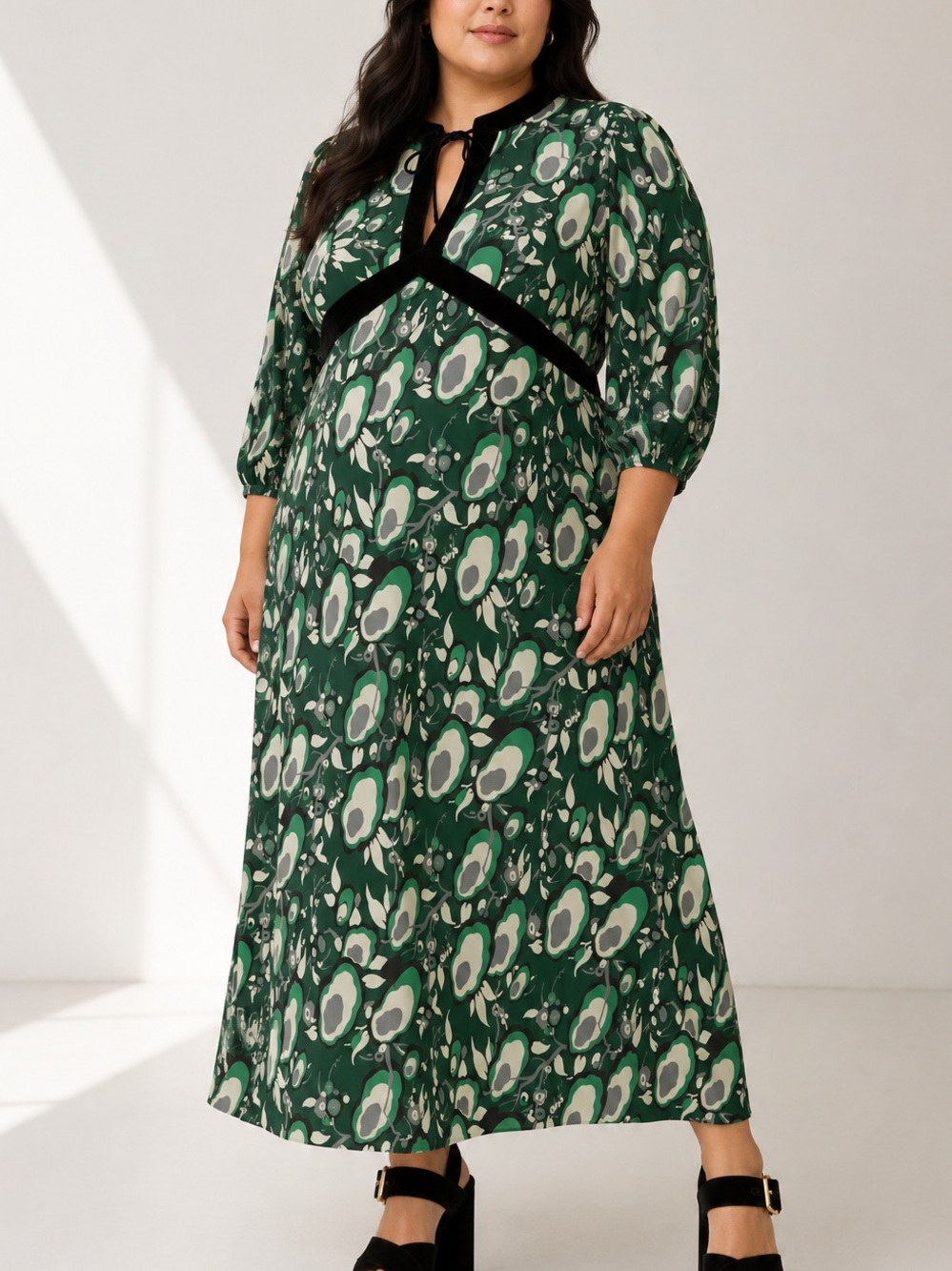RIXO Petra Green Floral Empire Waist Velvet Trim Boho Chic Maxi Dress